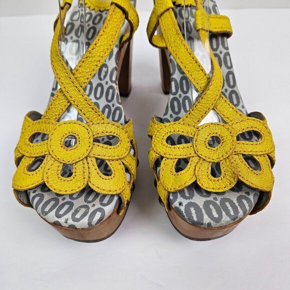 Fly London Floral Cutout Yellow Leather Retro Wood Platform Heel Sandal 7-7.5 - Picture 3 of 13